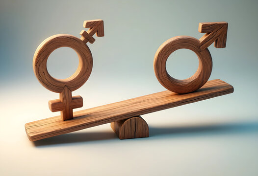 Gender equality and balance, wooden male and female symbols on a seesaw social equity and parity in the workplace and modern society