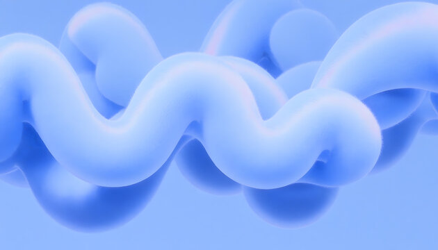 Pastel blue fluffy squiggly tube wave. Playful abstract sculpture and 3D design concept. Soft textured worm shape floating smoothly across light blue monochrome space
