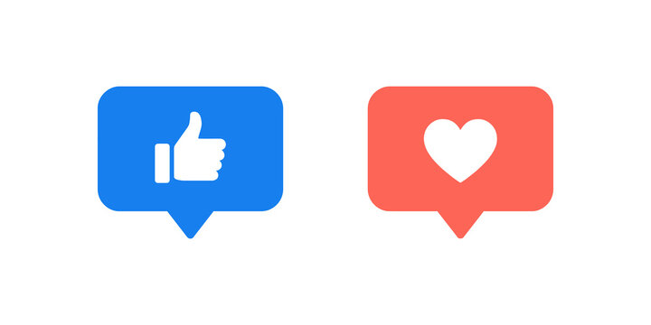 Social media like and heart notification bubbles blue and red isolated.