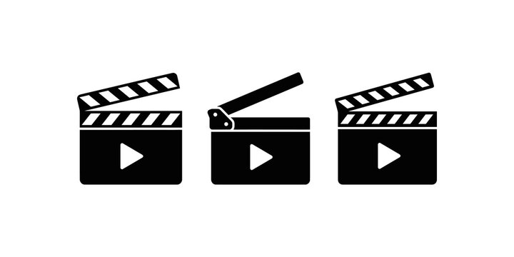 Film clapboards icons with play button for video production and cinema industry.