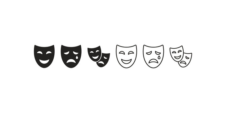 Theater masks icon set representing comedy and tragedy emotions for performance.