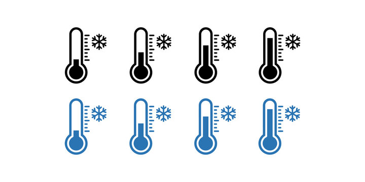 Filled thermometer icons indicate freezing temperature with snowflakes for winter.