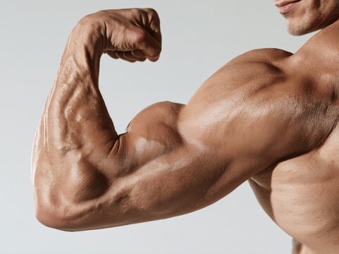 Muscular man flexing arm, highlighting biceps and strength for fitness concepts