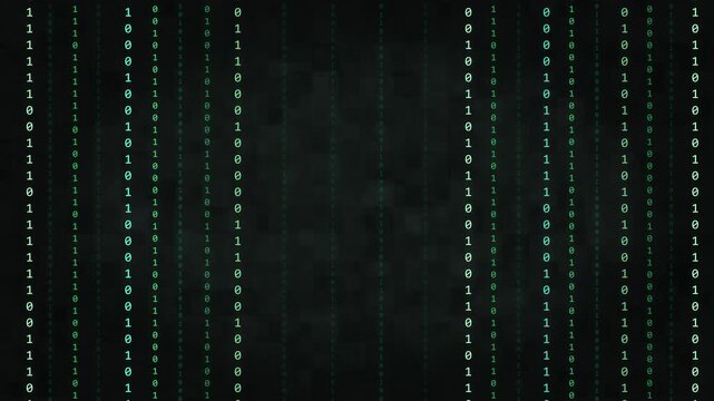 Digital matrix code background featuring glowing green binary data streams