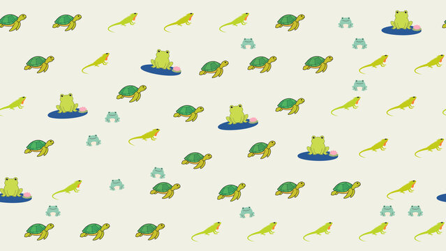 Cartoon pattern of turtles, frogs, and lizards