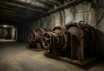 Fototapeta premium Industrial decay and urban exploration, abandoned mining machinery in a dark underground tunnel with weathered concrete walls and rusted metal equipment