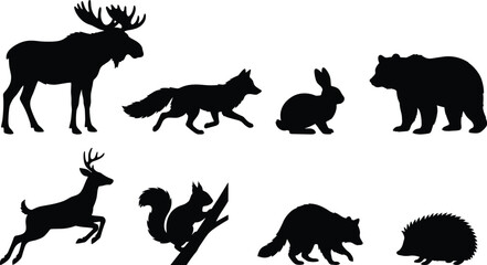 Obraz premium Wild Animal Silhouette Collection with Moose, Wolf, Rabbit, Bear, Deer, Squirrel, Fox and Hedgehog