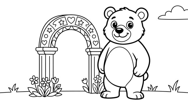 Cute cartoon bear standing next to heart shaped decorative archway coloring page