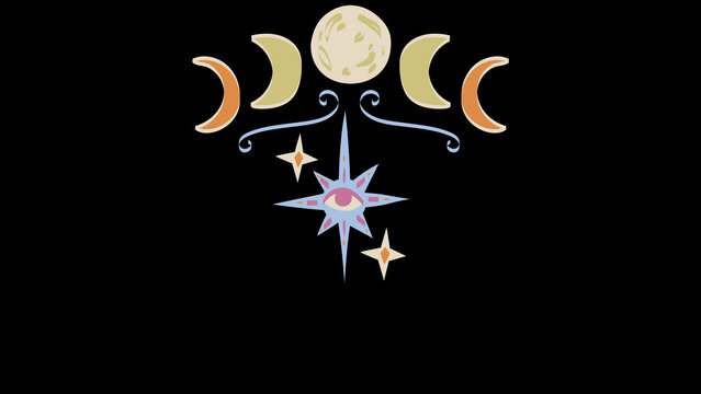 Triple goddess moon phases symbol featuring mystical celestial elements stars eyes magical esoteric designs and decorative ornamental patterns isolated on white background