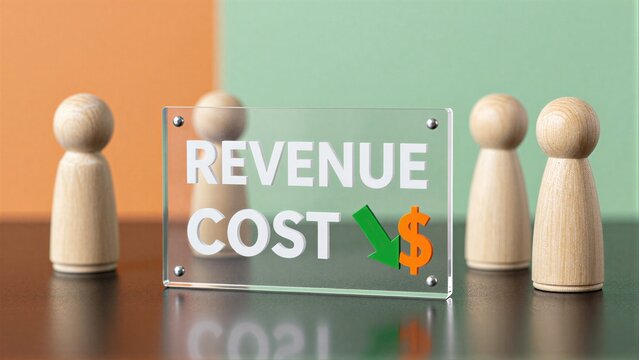Revenue down, costs up: wooden figures face financial decline sign.