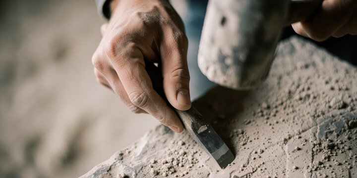 Close-up of a skilled male artisan carving stone with a chisel and mallet in a traditional workshop