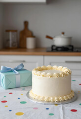Fototapeta premium Birthday celebration and party planning, white frosted cake with gift box on a colorful polka dot tablecloth in a home kitchen for festive occasion
