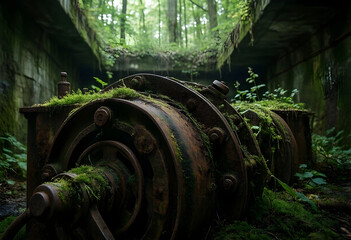 Fototapeta premium Industrial decay and nature reclamation, abandoned machinery covered in moss in a forest tunnel environmental recovery and post-humanism