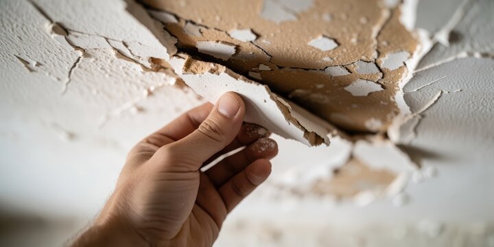 Man inspecting water damage with peeling plaster and cracked ceiling in a damaged residential house room for renovation