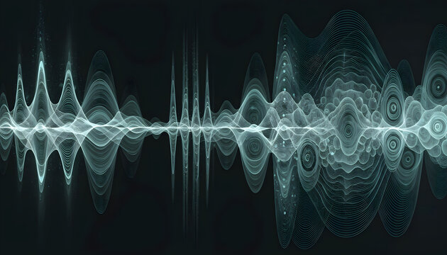 Intricate digital audio wave and neural frequency pattern on black background. Sound data visualization and synthesizer design. Complex waveform vibrating with microscopic acoustic detail.