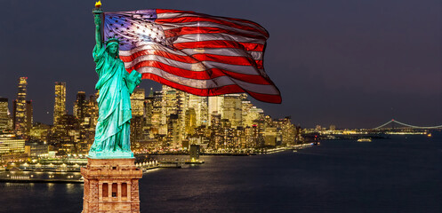 Freedom with Statue of Liberty. Freedom with American flag. Freedom in USA. Freedom in Manhattan. © Volodymyr
