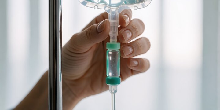 A close-up shot of a female hand adjusting an intravenous drip bag and chamber in a hospital room, representing medical care and treatment.