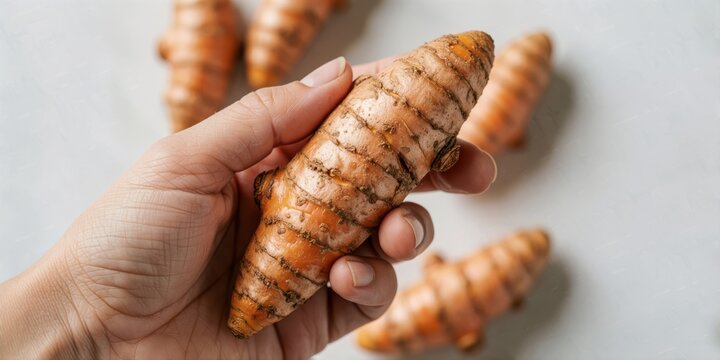 Fresh raw turmeric root in hand close up view, healthy organic spice for cooking and wellness concepts