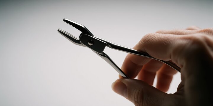 Medical forceps being held by a hand in a clinical setting representing surgical procedures and healthcare tools