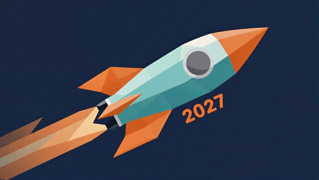 A stylized rocket with 2027 blasts off against a dark blue space backdrop.