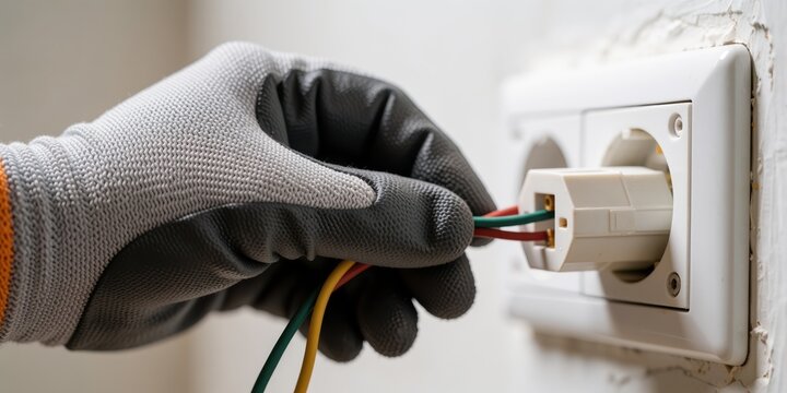 Gloved hand plugging electrical wires into a wall outlet, representing safe DIY electrical installation, maintenance, and home repair work.