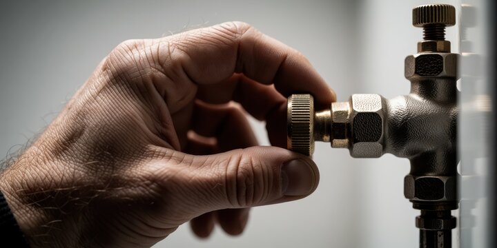 Close up of an adult male hand adjusting a brass valve on a plumbing system representing precise control and maintenance work