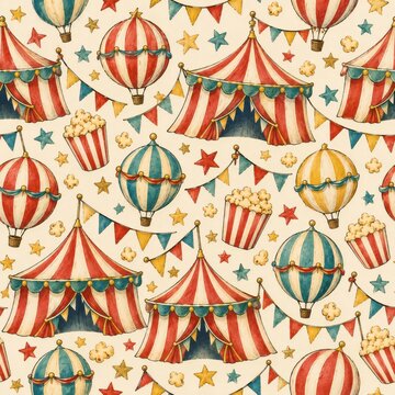 Vintage circus seamless pattern with tents and hot air balloons
