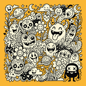 Hand drawn doodle illustration featuring cute monsters and alien characters