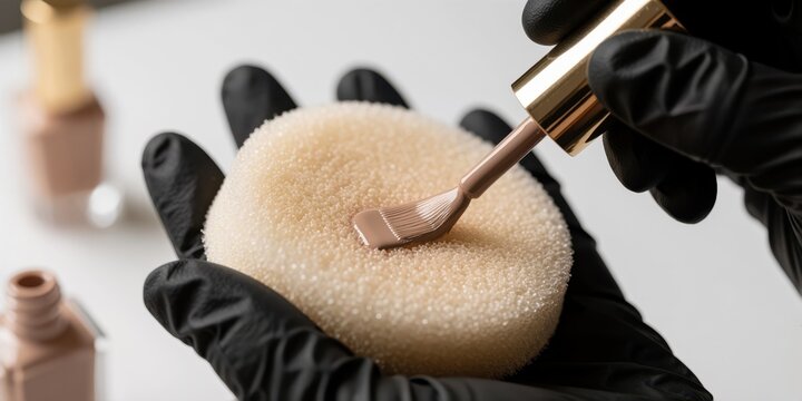 Gloved hands applying foundation with a cosmetic sponge and brush for professional makeup application and skincare demonstration
