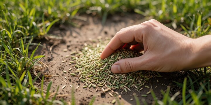 A Caucasian woman hand planting grass seeds in a bare patch of soil in the garden for lawn repair and yard landscaping improvement