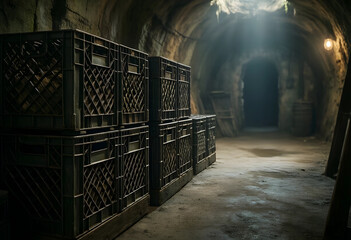 Fototapeta premium Supply chain logistics and storage, plastic crates stacked in a dark underground bunker or warehouse tunnel with atmospheric light and dusty floor