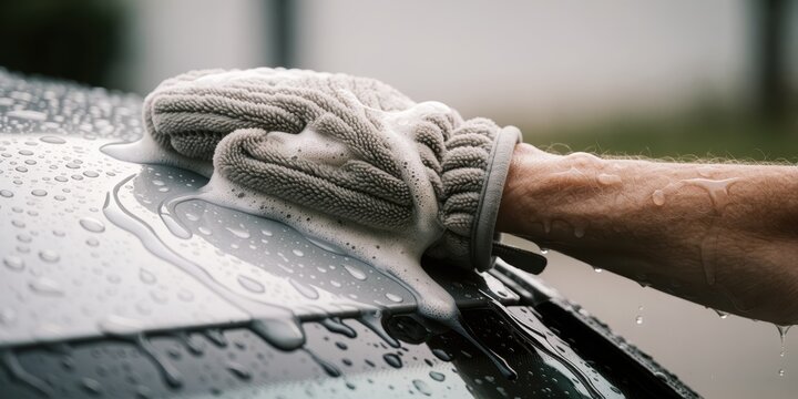 A man washes a car with a soapy mitt and water, demonstrating vehicle maintenance, detailing, and cleaning processes for auto care promotion.