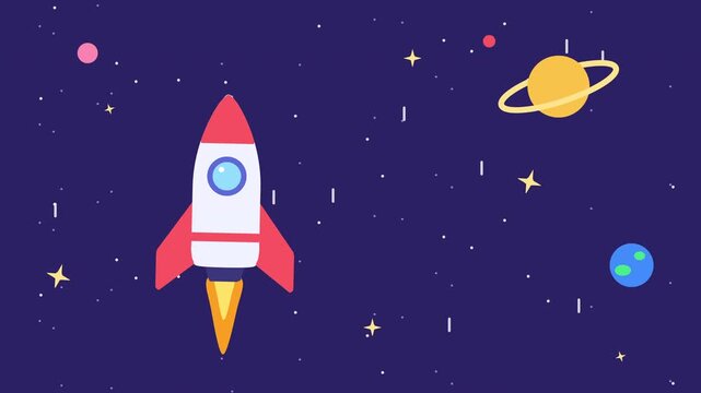 Cartoon rocket flying through outer space with colorful planets and shining stars. Flat design animation of a spaceship journey, perfect for children's videos, educational content, or tech concepts.