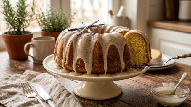 Delicious bundt cake with glaze on wooden table with coffee.