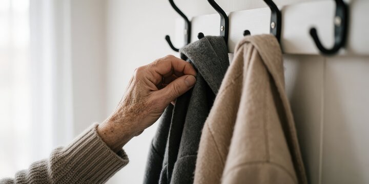 Elderly woman hand hanging grey coat on rack at home representing independent senior living and routine daily care