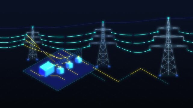 Digital power grid electricity transmission line and substation motion graphic