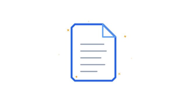 Glowing blue document icon animation with twinkling sparks and moving lines in minimalist video footage