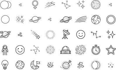space exploration and astronomy line art icon set featuring saturn constellation planet astronaut and telescope isolated on white background © Saqib