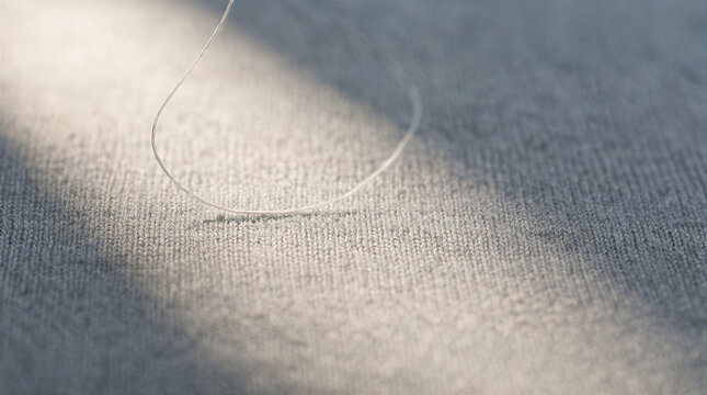 Smooth heather grey cashmere flat knit fabric close up with a delicate loose thread pulling away