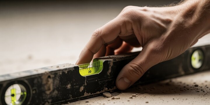 Close-up of a Caucasian man using a spirit level tool for precision construction work, representing accuracy and home renovation