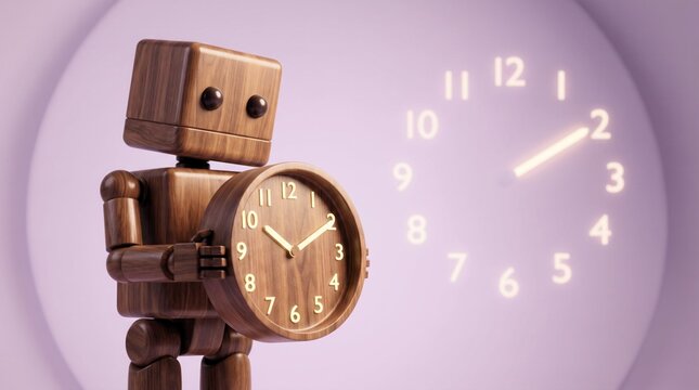 Wooden robot holding a round clock standing in front of a glowing wall clock display inside a room