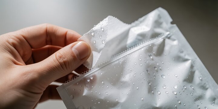 Close-up of a hand opening a white waterproof resealable pouch covered in water droplets representing secure storage and moisture protection