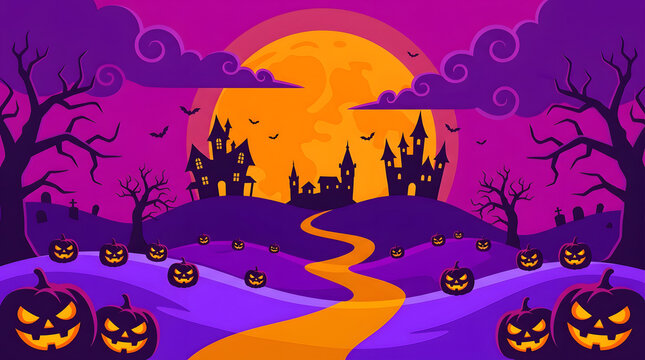 Halloween spooky landscape with haunted castle pumpkins and full moon