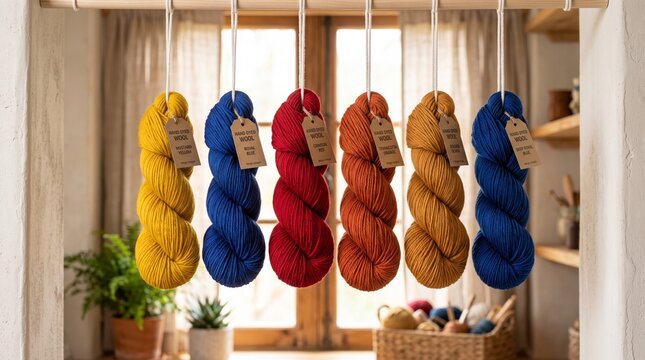Hand dyed wool yarn skeins in vibrant primary colors hang neatly from a wooden rod indoors