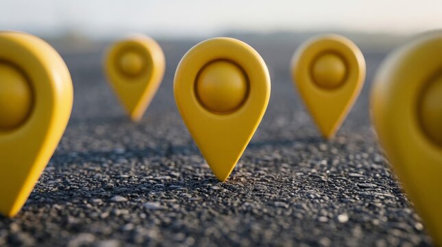 Bright yellow map pins standing in a row with soft focus creating a modern navigation concept