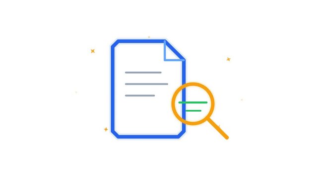 Document inspection animation featuring blue paper and orange magnifying glass scanning text elements in video footage