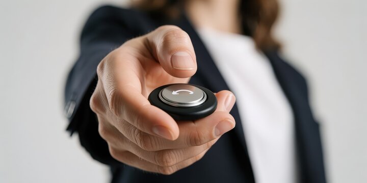 Woman in business suit pressing a small wireless remote control button with a rotation symbol to operate smart technology