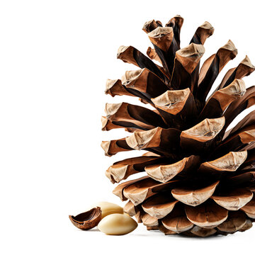 Stone pine cone opened with sharp scales and pine nuts isolated on transparent background