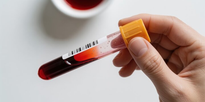 A close-up view of a hand holding a blood test tube with a yellow cap in a medical laboratory setting, representing healthcare, diagnostics, and medical research.