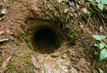 Fototapeta premium Wildlife habitat and animal burrow, dark underground den in forest soil with mud and vegetation for nature conservation and environmental biology research